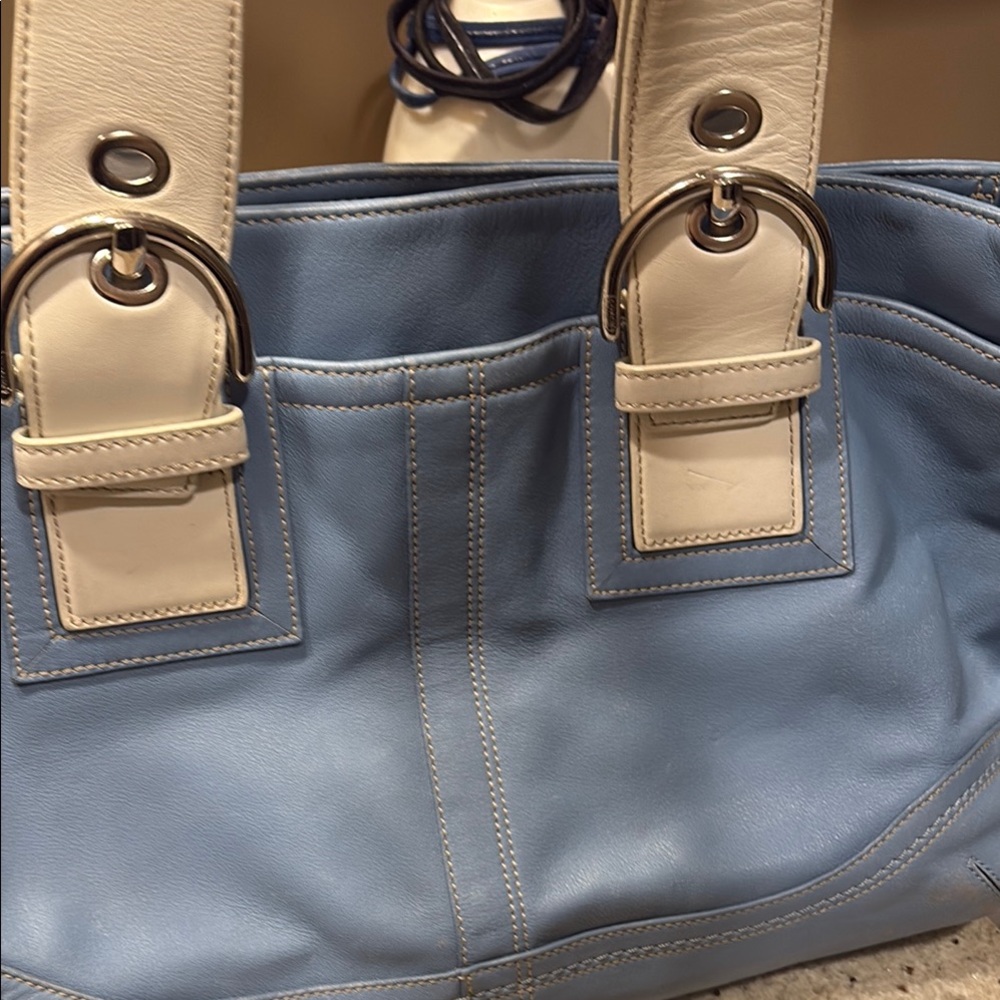 Coach Blue and White Tote Bag with Structured Design